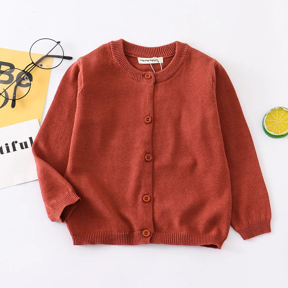 Spring Autumn New Boys Girls Sweater Solid Color Round Neck Single Breasted Design Knitted Coat For 1-8 Years Old Kids