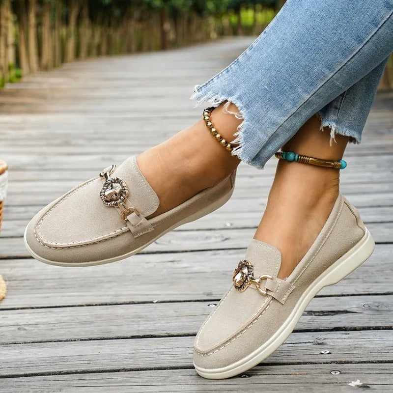 Women Loafers Casual Shoes Suede Flats Lion Head Metal Buckle Slip On Moccasins Ladies Comfortable Walking Driving Shoes New2026