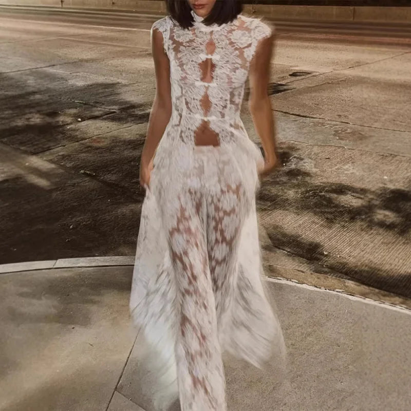 White Lace Embroidery Pant Suit Women Stand Neck Sleeveless Hollow-out Waist Cinching See Through Set Lady Summer Sheer Outfit
