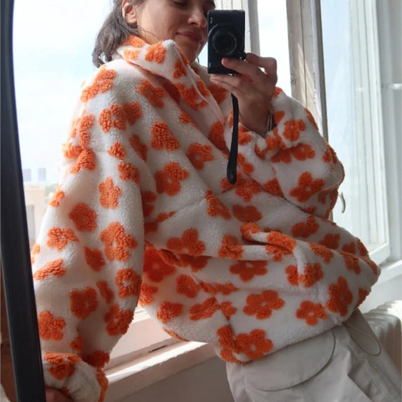 2025 Autumn/Winter New Fashionable Warm Plush Hoodie With Casual Flower Print Loose High Collar Loose Long Sleeve Fleece Hoodie