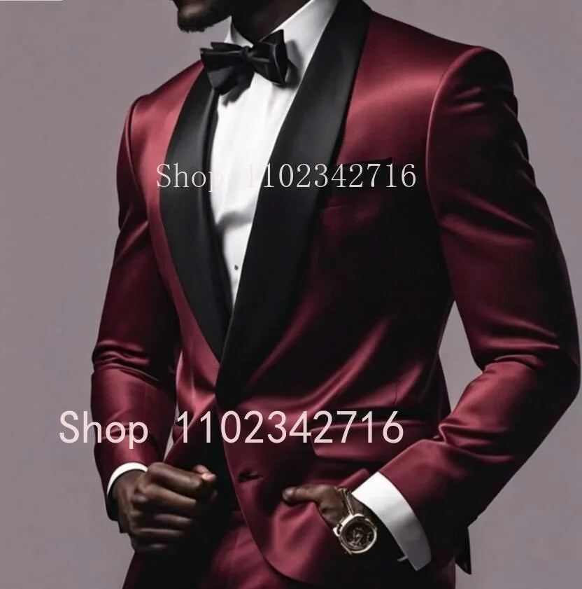 New Luxury Red Satin Men Suits 2025 Shawl Lapel Single Breasted Wedding Blazer 2 Piece Jacket Pants Formal Prom Party Suit Male