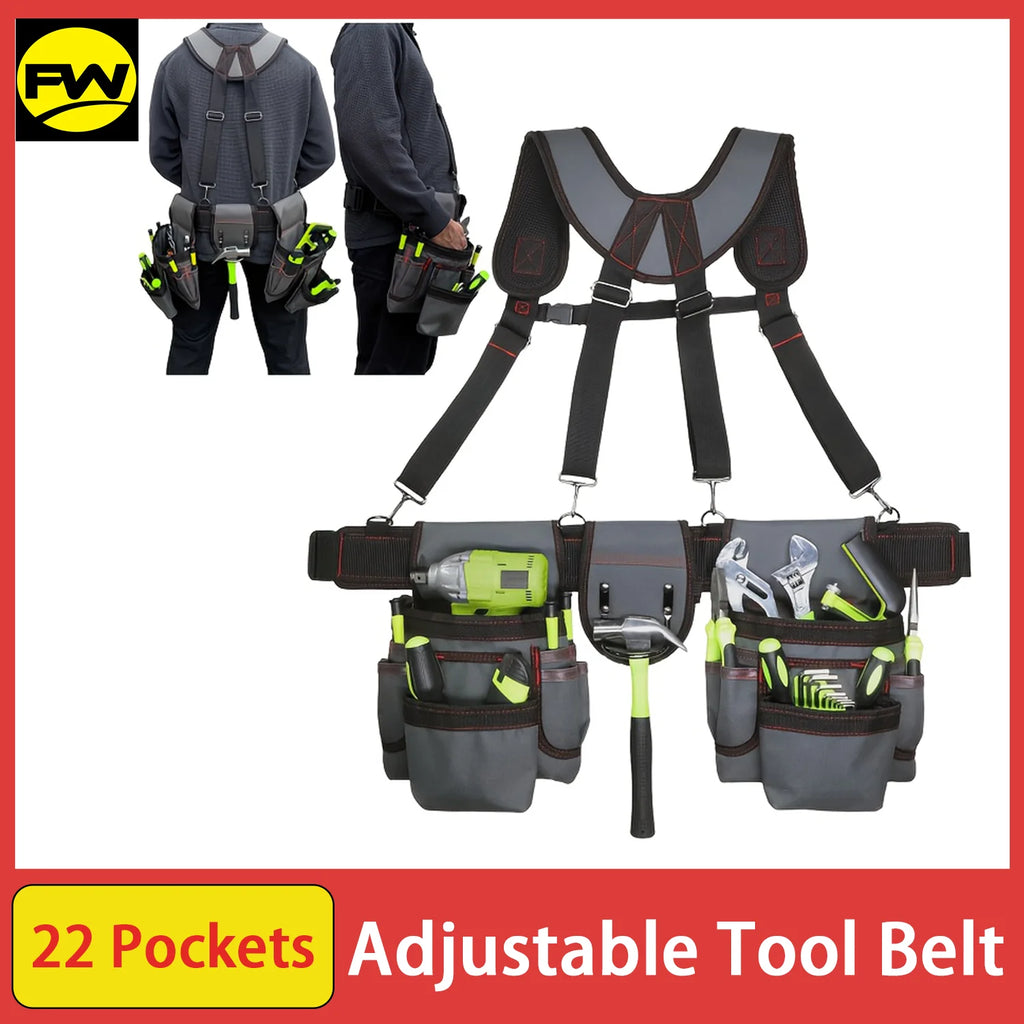 Tool Belt for Men, 32 to 66 Inches Adjustable Tool Belt with Suspenders for Electricians, Carpenters, Construction Workers