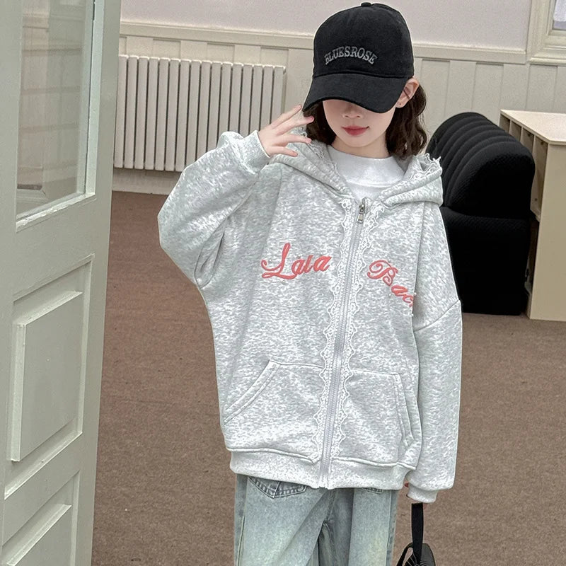 Kids Winter Warm Hooded Jacket Coat With Lace For Girls Zipper Insulated Sweatshirt Jacket Outfit Child Fleece Lined Outerwear
