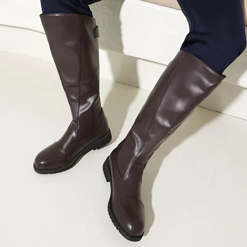 Men Knee High Boots Belt Buckle Long Boots Round Toe Thick Heel Mid-Calf Boots Fashion Motorcycle Boot Zipper Leather Men Shoes