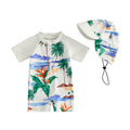 Toddler Boys Rash Guard Swimsuit Sea Animal/Tropical Plant Print Short Sleeves Mock Neck Zipper Romper Swimwear Cap Beachwear