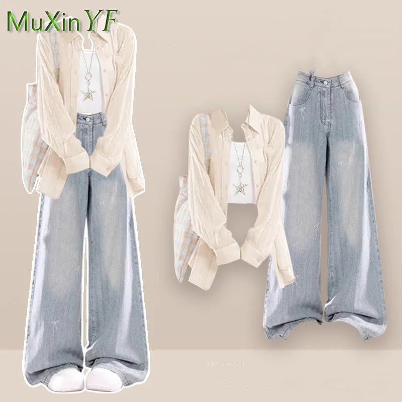 2026 Summer New Korean Elegant Denim Pants Matching Set Women's Fashion Sunscreen Shirt+Strap+Loose Wide Leg Jeans 3-Piece Suit