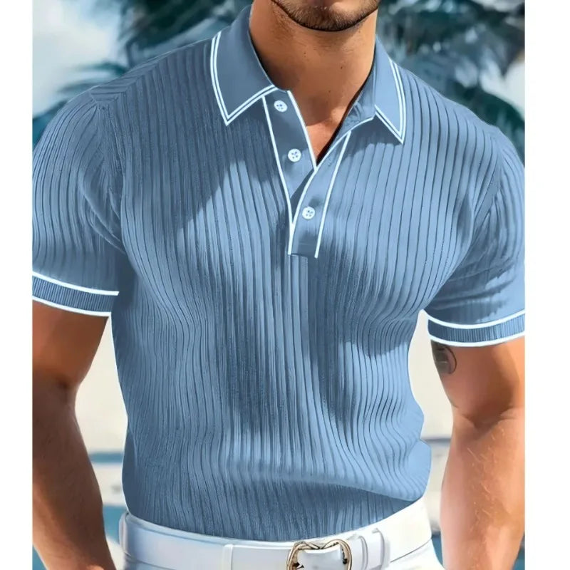 New Men's Short Sleeved Summer Color Blocked Striped Lapel Polo Shirt for Summer