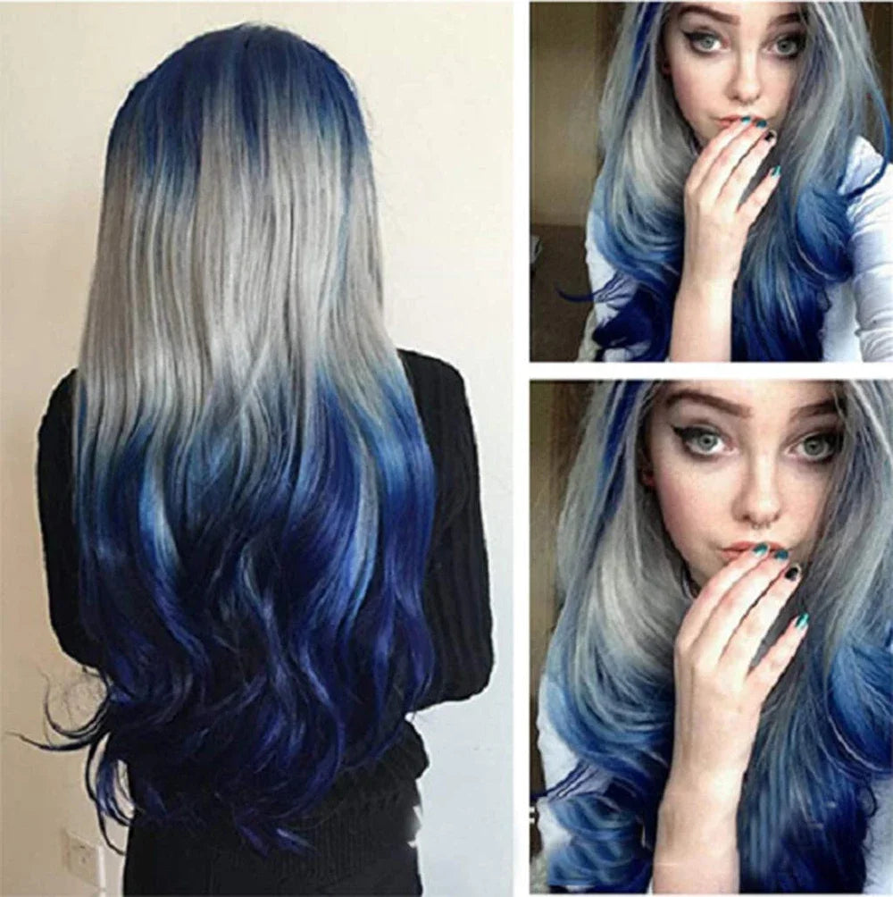Synthetic Hair Long Blue Ombre Gray Wig Wavy Women's Costume Wigs Lolita Cosplay Wig Pelucas Rainbow Wig