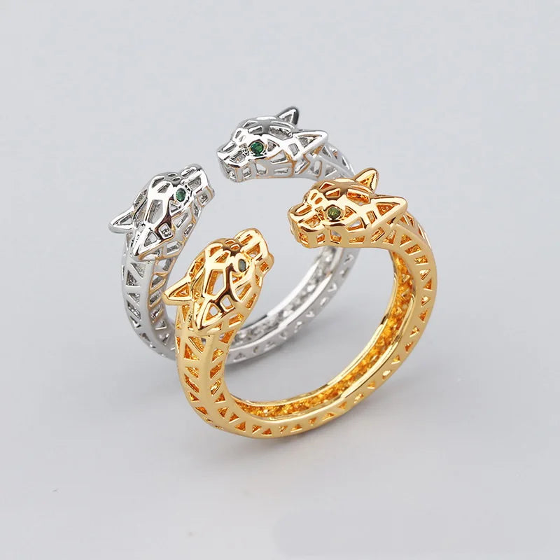 Europe America Style Men Women Lady Plated Gold Color Inlay Cubic Zircon Hollow Out Green Eyes Double Leopard Open Ring Bracelet
