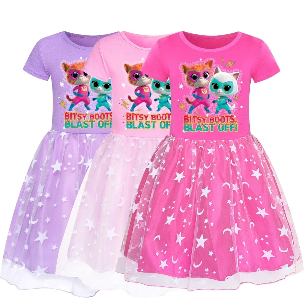 Anime Superkitties Dress Kids 2025 Summer Casual Dresses Baby Girls Super Cats Clothes Children Wedding Party Princess Vestidos