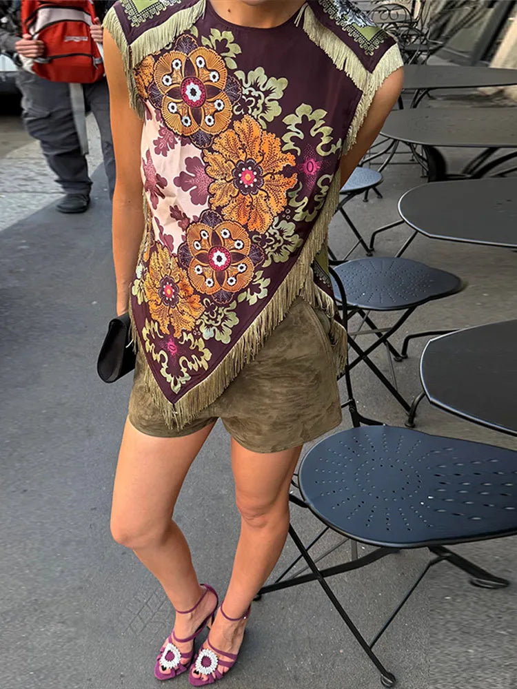 Fashion Tassel Patchwork Floral Printed Dresses Elegant Sleeveless Female Irregular Dresses 2026 Summer Lady Beach Party Robes