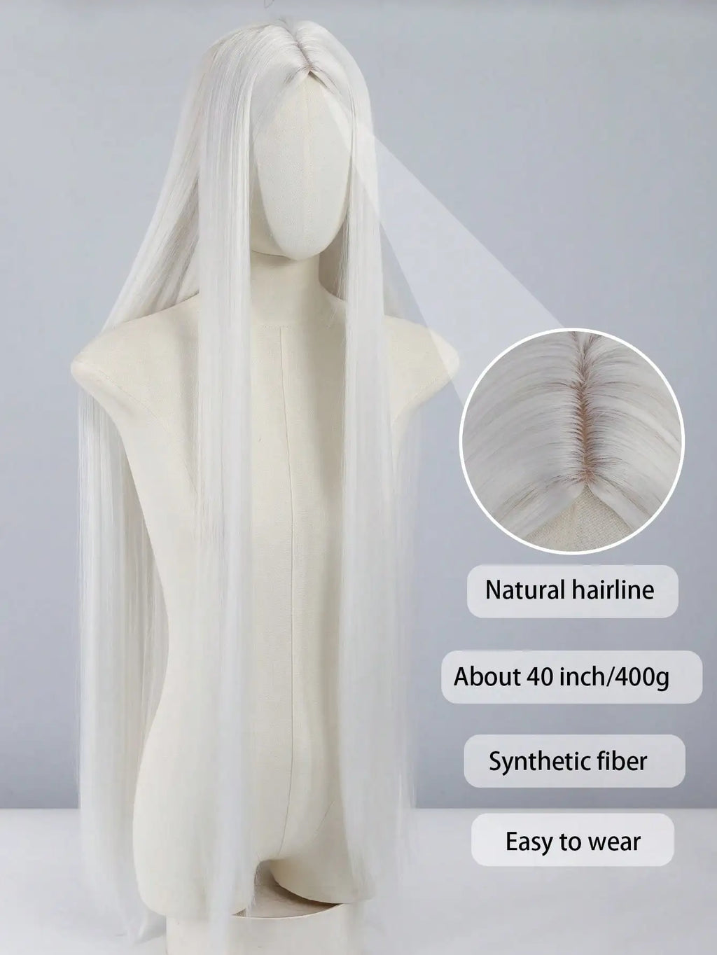 Women's center-parted natural straight white wig suitable for everyday wear and Easter or Halloween costumes Synthetic fiber wig