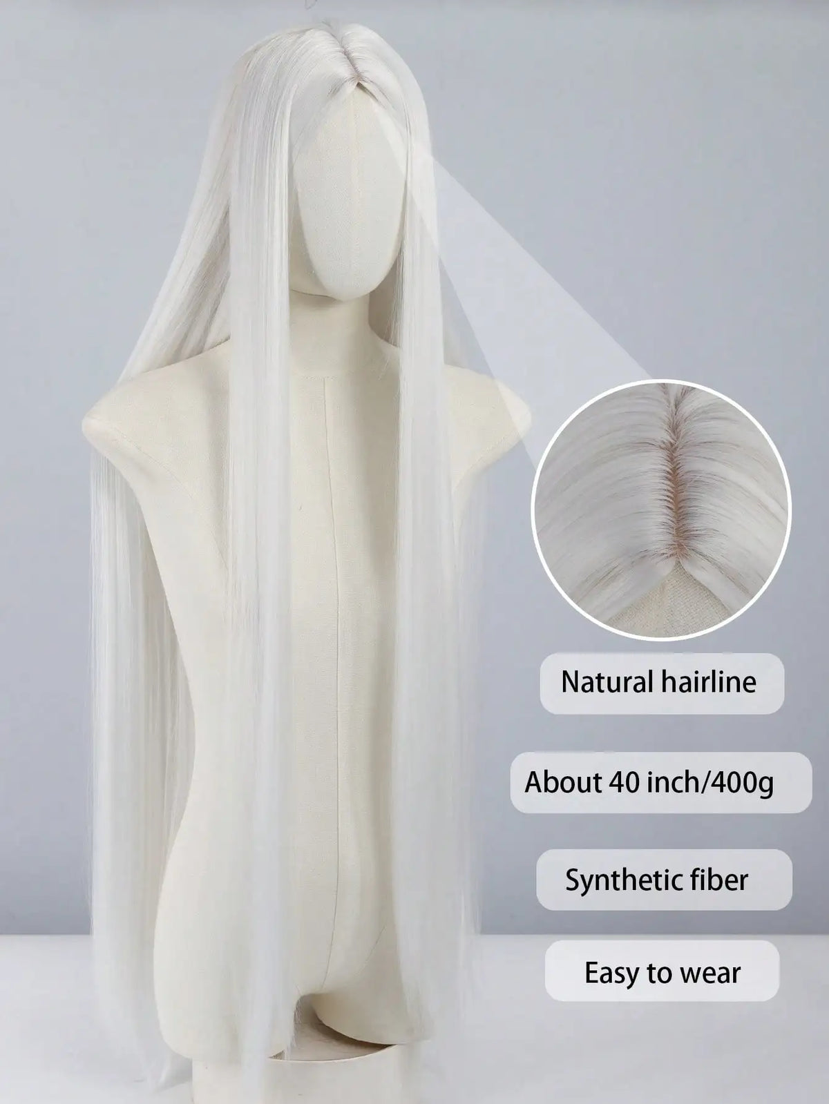 Women's center-parted natural straight white wig suitable for everyday wear and Easter or Halloween costumes Synthetic fiber wig