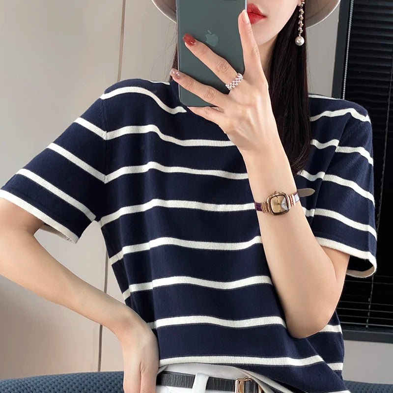 WinvyNee Summer Women 100% Cotton Striped T Shirt Women Clother Tops Short Sleeve O neck Sweater Casual Basic Pullover A1092006