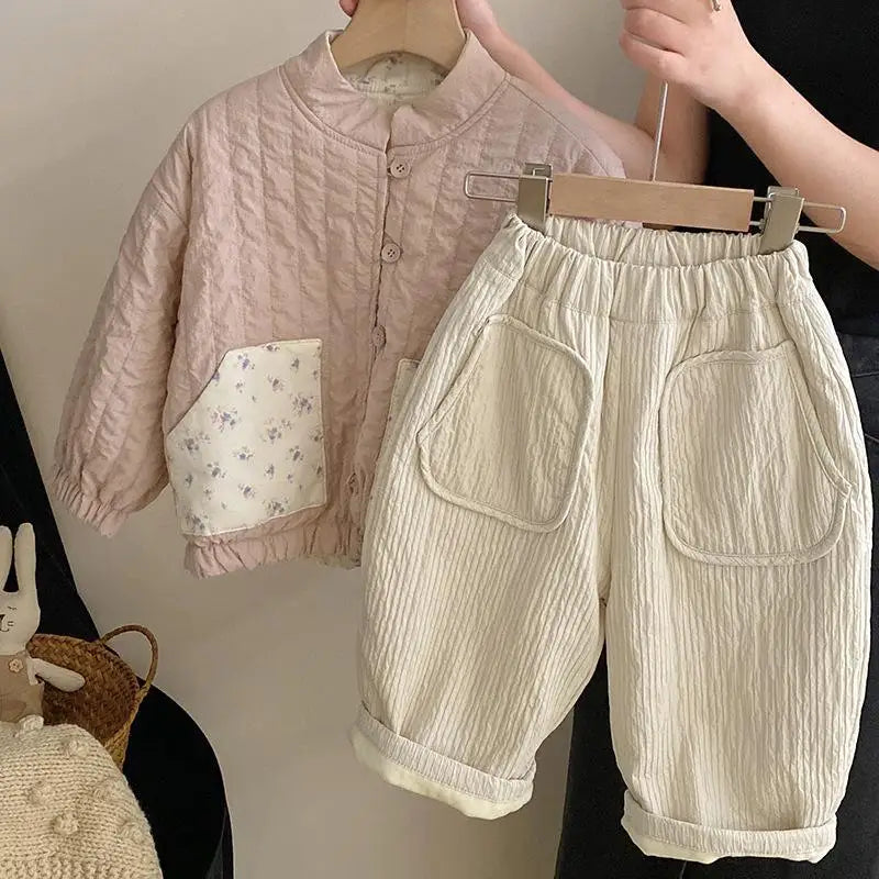 Children's Clothing Double-sided Jacket Autumn and Winter New Baby Pink and White Spliced Stand Up Collar Cotton Jacket Set