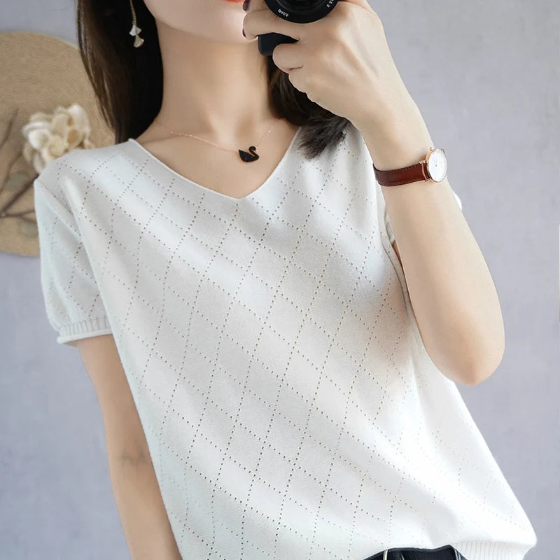 Summer new women's T-shirt 100% cotton casual pure color knitted sweater short-sleeved V-neck women's top loose fashion T-shirt