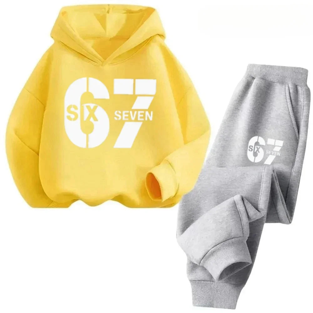 67 Chic Children's Hoodies Set 4-13Y Korean Streetwear Block Tracksuit Fashion Comfortable Kids Sweatshirt 2 Pcs Sets Pant Suit