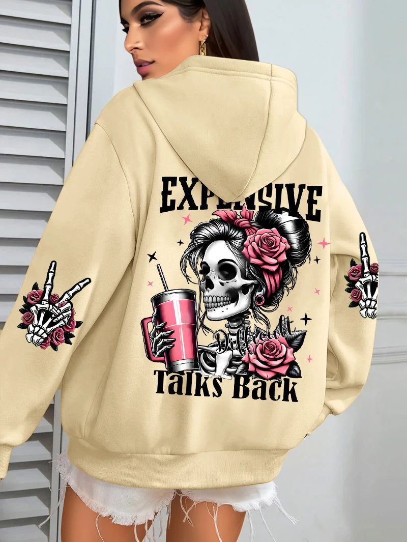 Expensive Talks Back Funny Printing Womens Plus Size Hoodie Multicolor Pullovers Fleece Autumn Sportswear Casual Pocket Hoody