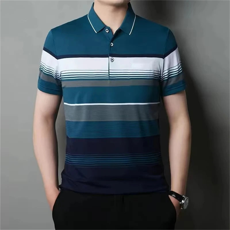 Retro Stripe Graphic Polo Shirts For Men Simple Fashion Daily Wear 3D Printed Father Polo Shirt Casual Breathable Oversized Tops