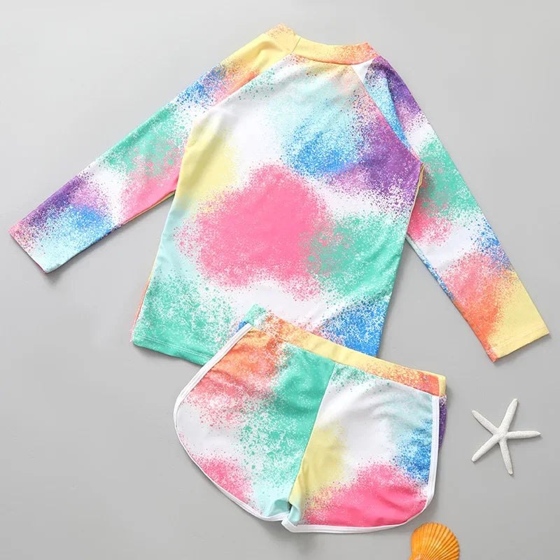 Girls Swimsuit Fashion Split Two-piece Swimwear Sets for Kids Sunscreen Quick Dry Long Sleeve Swimming Suits Teen Beach Clothing