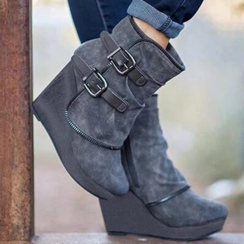 2025 New Women's Boots Zip Womens High Heels Suede Fashion Wedge Heels Durable Retro Women Ankle Boots Round Head Bottes Femmes