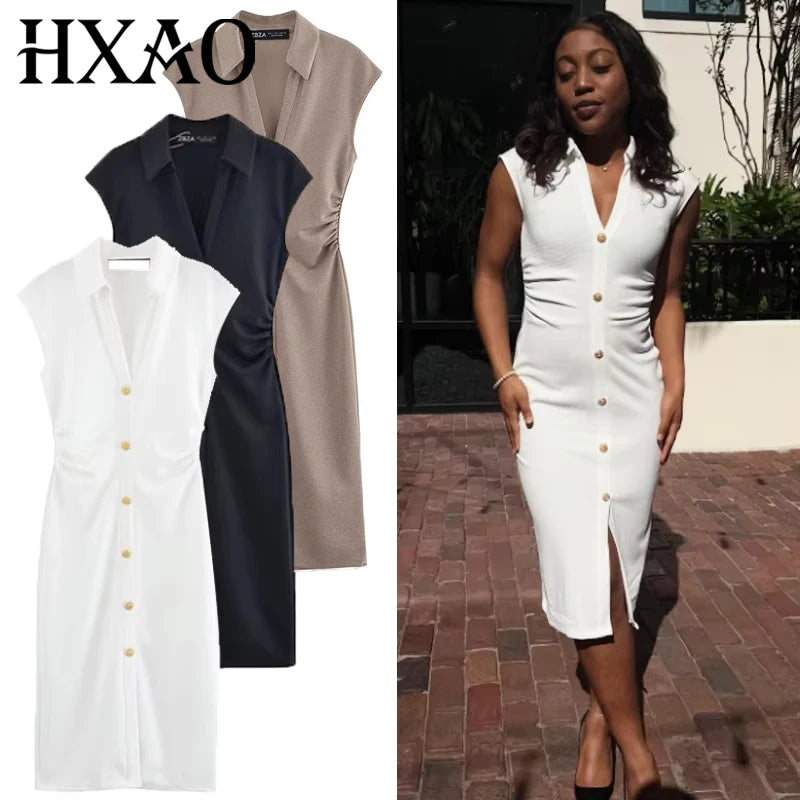 HXAO 2025 Women's Dress Ruffled Long Dresses Summer Elegant White Khaki Black Dress Button Up Slim Vestidos Chic Evening Dresses