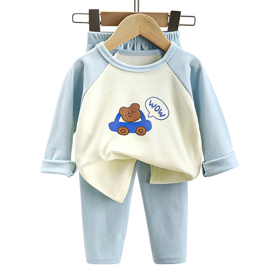 Boys Girls Warm Lined Children Sleepwear Autumn Winter Soft Fleece Pajamas Set Kids Comfortable and Cozy Homewear Outfit Clothes