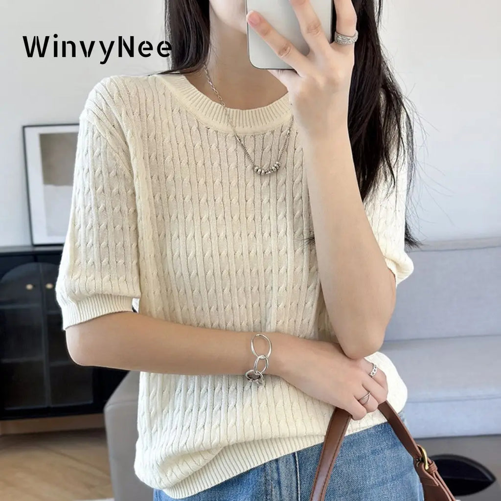 WinvyNee Summer Women’s 100% Cotton Sweaters T-Shirt Short Sleeve O neck Solid Knitwears Pullover Female Tops Spring A1002025