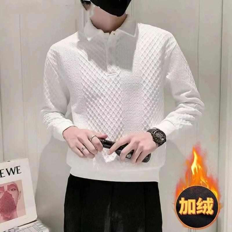 Men's Long Sleeved Hoodie with a Lapel and Polo Shirt, Autumn and Winter with Plush Trendy Casual and Versatile Fashion Top