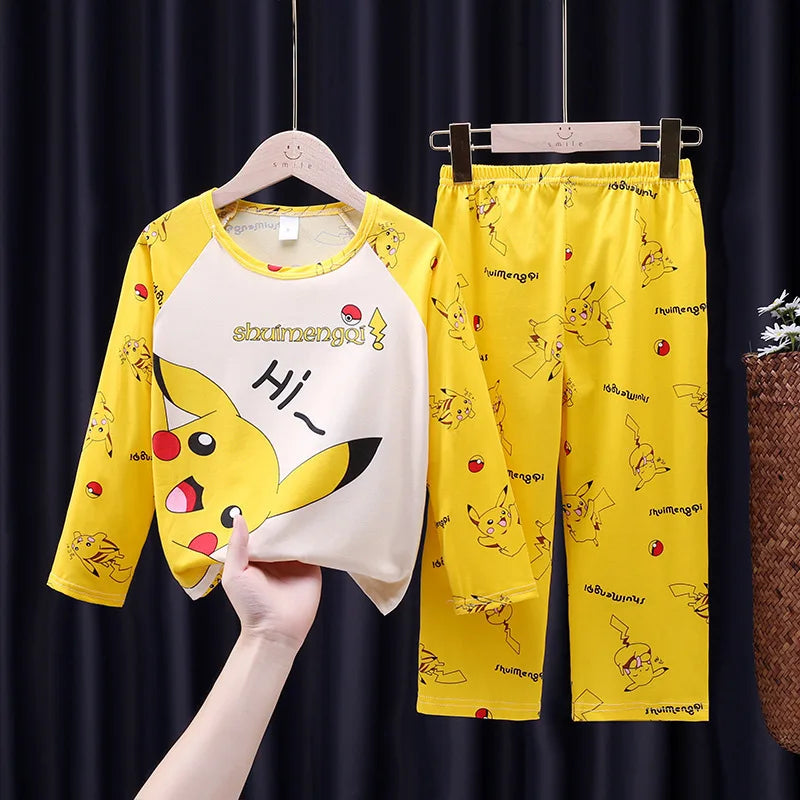 Cartoon Pijamas for Kids 3 to 5 7 9 11 13 Years Clothing Sets Boys Home Wear Girls Full Sleeve Pikachu Pajamas Teen Loungewear