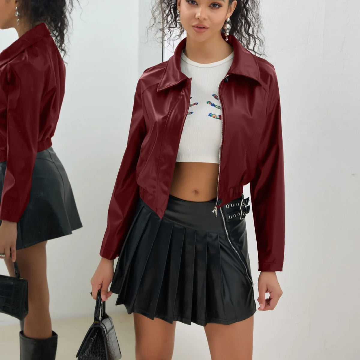 Women's Clothing 2025 New Short Leather Jacket Retro Zipper PU Casual Motorcycle Jacket.