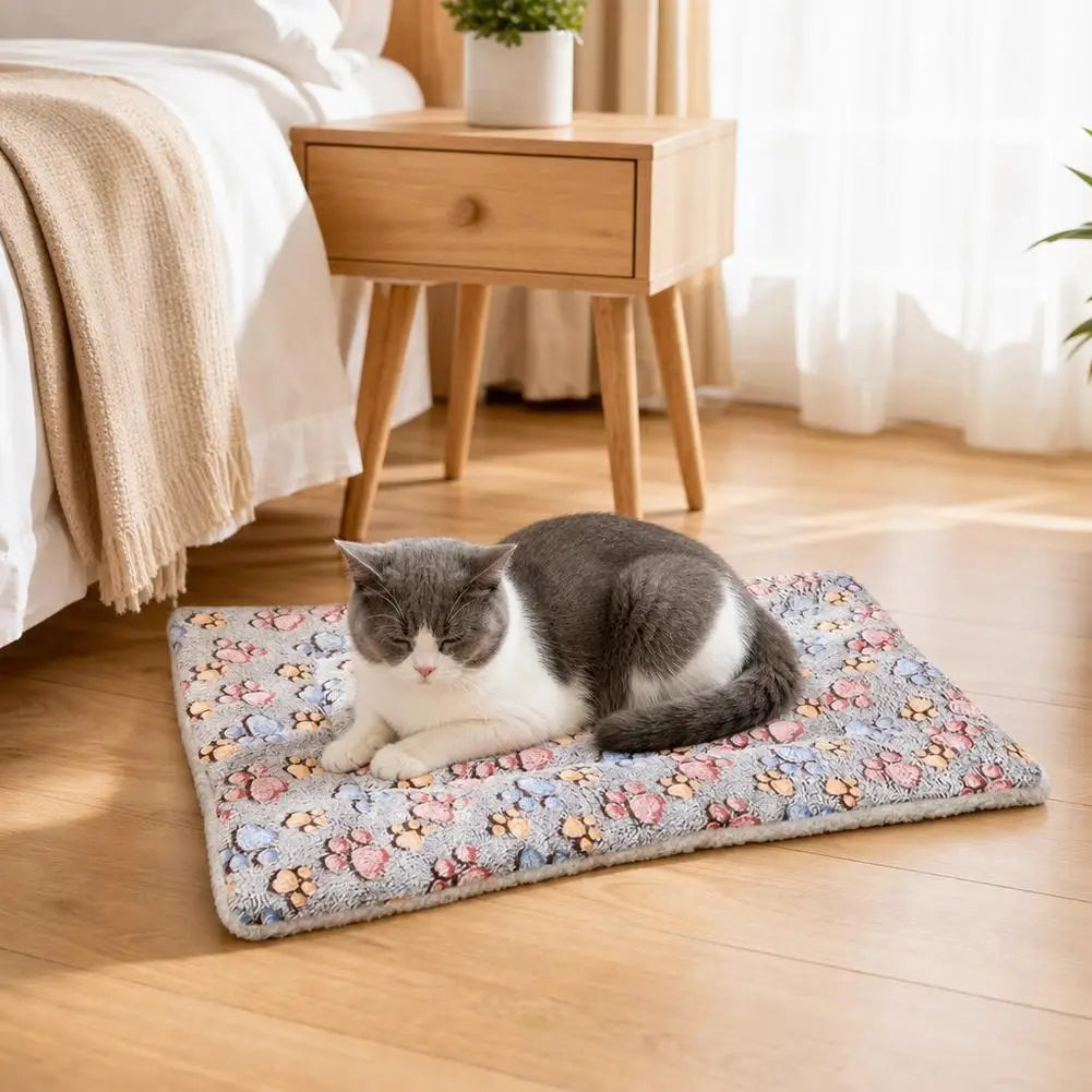 Dog Bed Mat Cat Sleeping Cushion Soft Plush Pet Blanket Thickened Warm Flannel Paw Print Puppy Sofa Mat All Seasons Washable