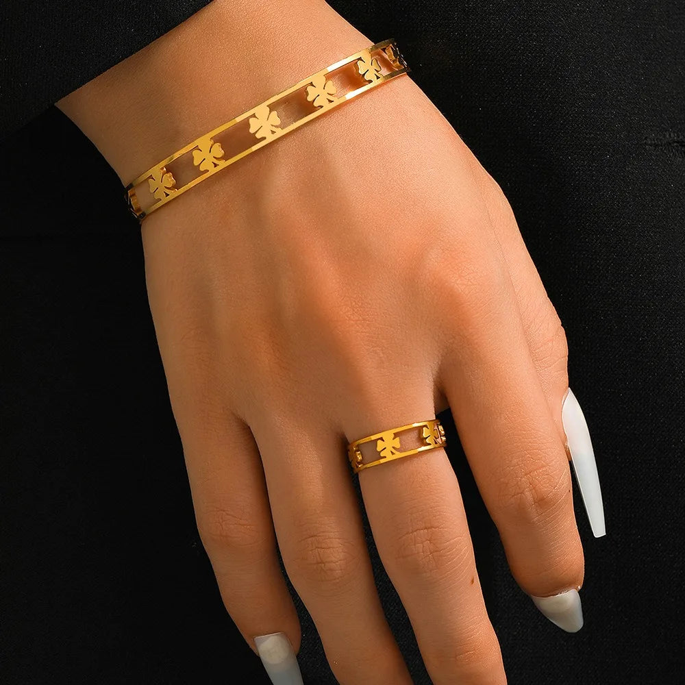 2pc Jewelry Set Bracelet Ring Four-bladed Grass Circular Hollow Bracelets High-end Stainless Steel for Women Man African Jewelry