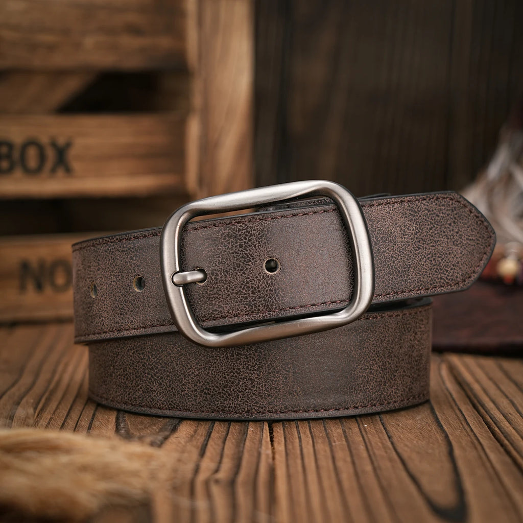 Men - Women - Western Denim - PU Leather - Belt - Vintage Jeans with Carved Buckle Brown Belt