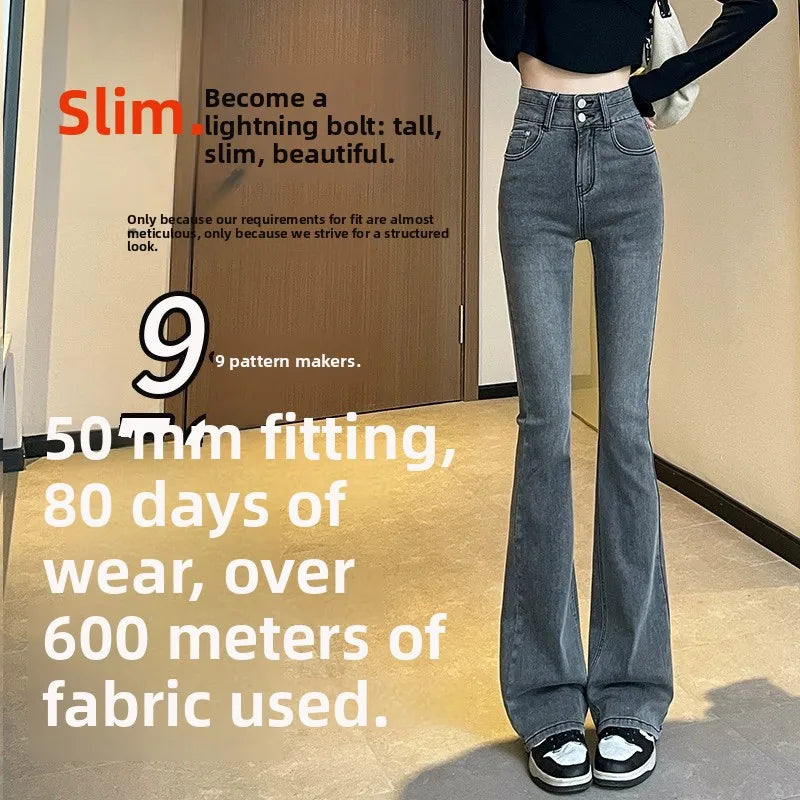 High Waist Slim Fit Flare Jeans Women's Spring Summer 2024 New Sle Double Bule e ey Cotton Stretch Denim Pants