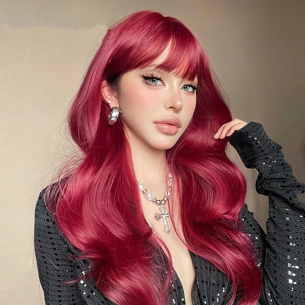 Wine Red Synthetic Wigs for Women Long Wavy Burgundy Red Hair Cosplay Wigs With Bangs Daily Halloween Heat Resistant Fake Hair