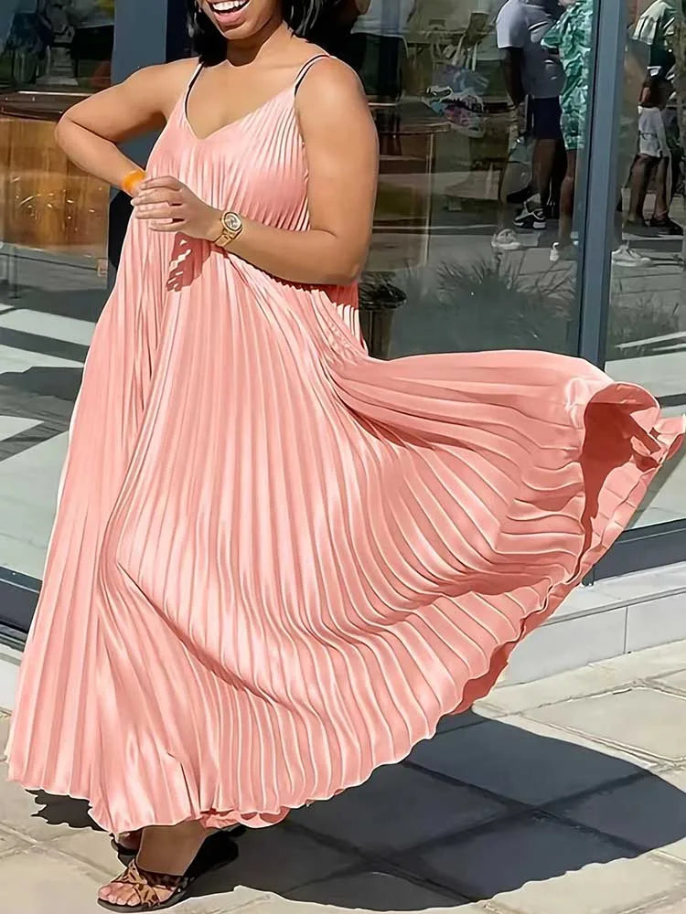 Summer Women Sleeveless Thin Strap Dress V Neck Elegant and Chic Pleated Dress Around Hem Loose Long Soft Dresses Plus Size