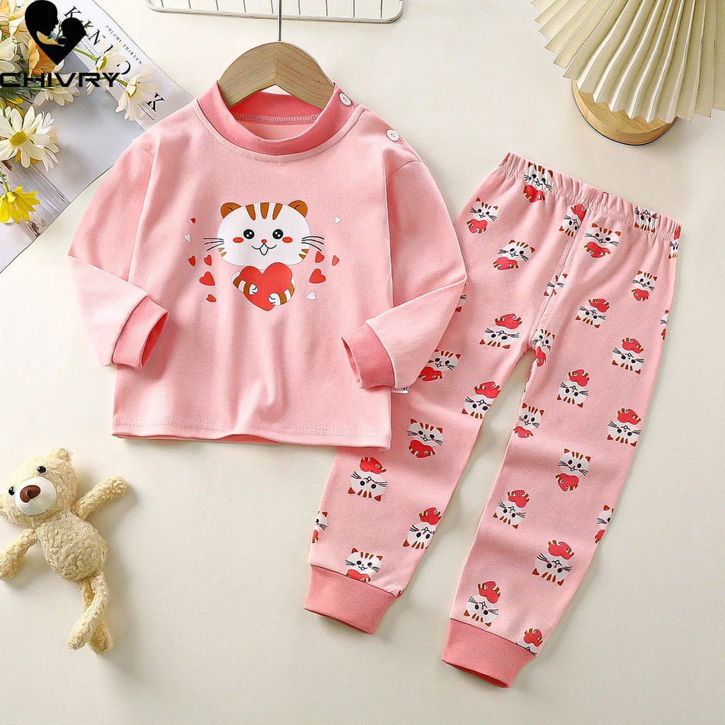 Boys Girls Autumn Pure Cotton Pajamas Kids Cartoon Print Long Sleeve T-Shirt Tops + Pants Pyjamas Baby Underwear Clothing Sets