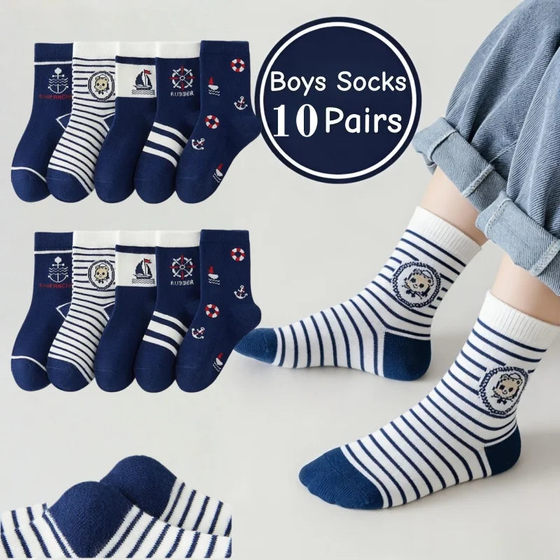 10 Pairs Boys Sports Crew Socks Soft Cotton Children Tennis Number Print Mid Calf Socks Breathable Kids School Daily Socks