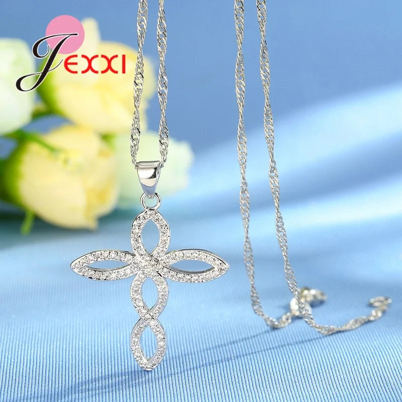 Women Wedding Jewelry Sets Charm Crystal Crooked Cross Pendant Necklaces Earrings Sets Shininy 925 Sterling Silver  Bijoux