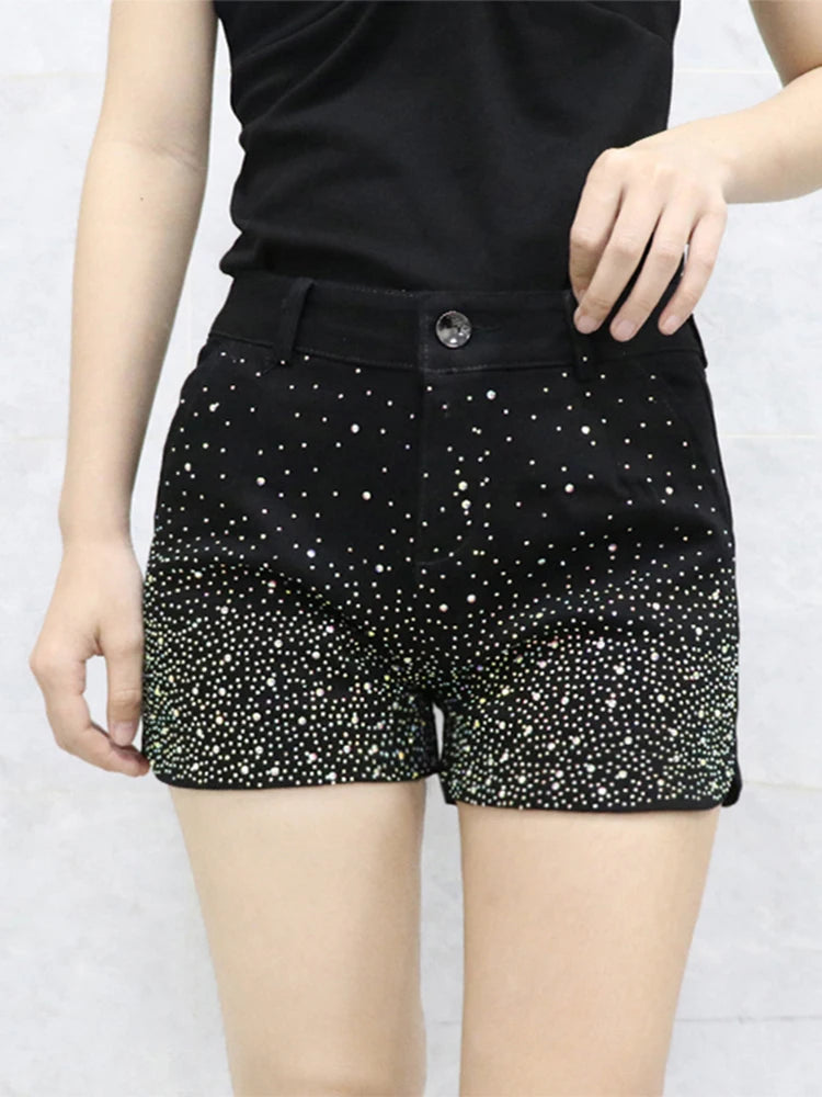 Women's High Waist iny Sequin Denim orts Summer New Sle Korean Version Slimming Elastic Wide Leg A-Line Hot Pants