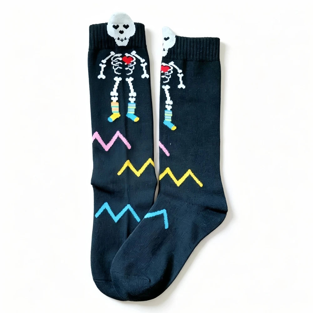 Halloween Socks for Kids Skeleton Skull Print Knee High Socks Black Boys Girls Bones Spooky Gift Ideas Carnival Theme Party