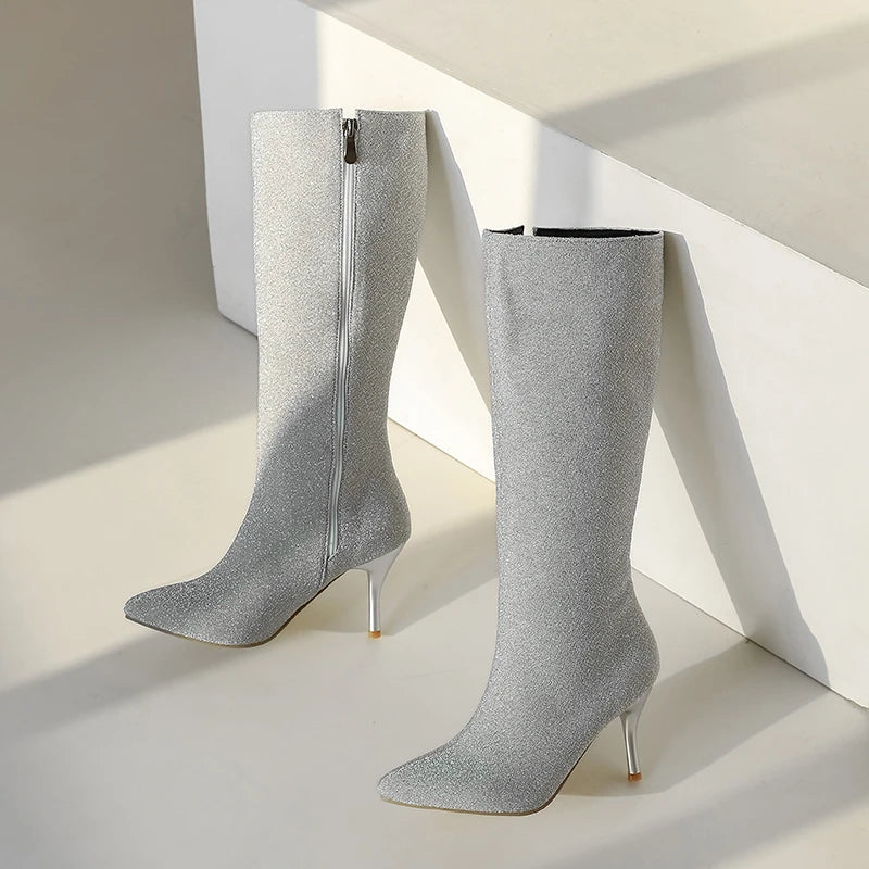 Women's Boots in Black, Red, White, and Yellow with Fine Shimmer, Pointed Toe, Stiletto Heel, Designer Style, Mid-High Boots for Women, New Autumn and Winter Elegant High-Heeled Shoes, Clearance Sale, Solid Color Simpl