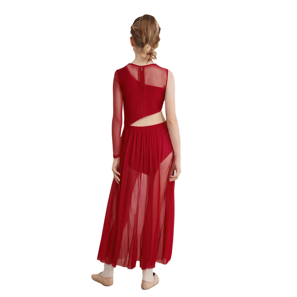 Kids Girls Modern Lyrical Dance Dress Round Neck Asymmetrical Cutout Patchwork Sides Split Sheer Mesh Leotard Dress Dancewear