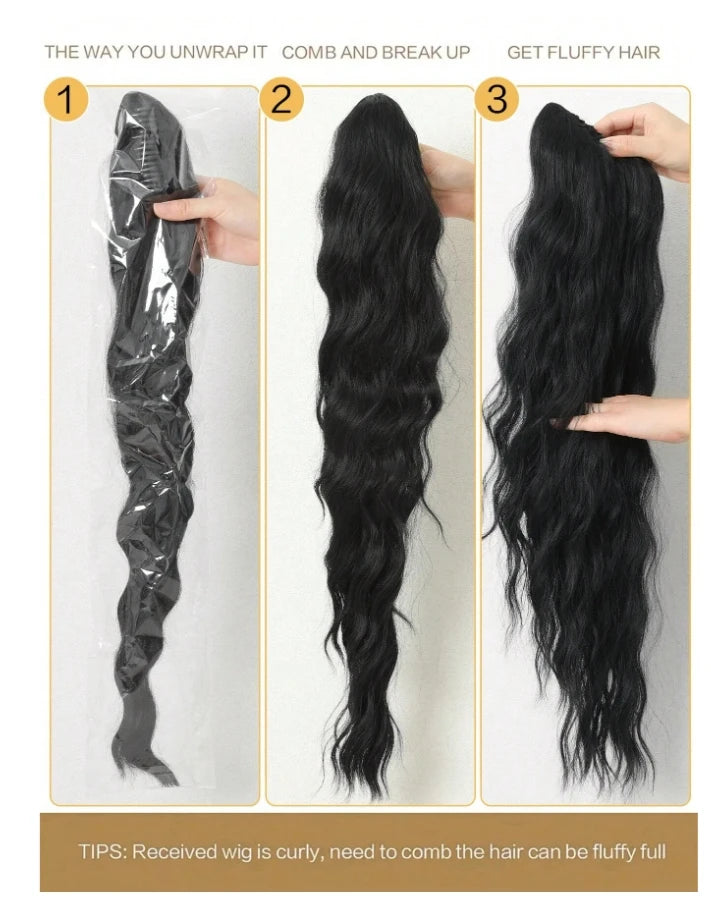The black, flax, 26-28 inches long wavy, heat-resistant fiber synthetic wig is suitable for women and girls' daily use at gather