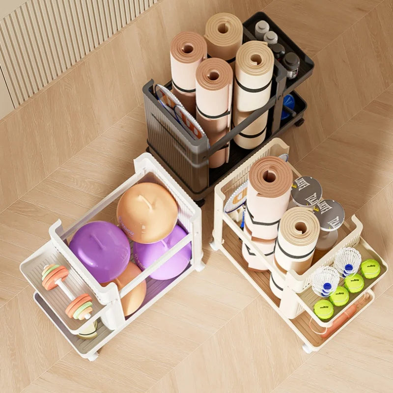 Sports Equipment Storage Rack Yoga Mat Storage Basket With Wheels Home Storage Cart Fitness Equipment Rack Organizer Trolley