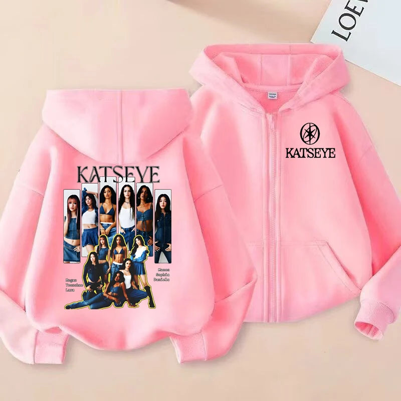 Kids Zip Up Sweatshirts Kpop Katseye Print Hoodie Children Clothes Kids Casual Tops Girl Boy Sweatshirt Zipper Hoody Streetwear