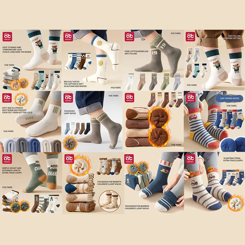 5 Pairs Baby Children's Socks Cartoon Winter Warm Animal Kids Sock Cute Boy Toddler Thickening Socks 1-12 Years