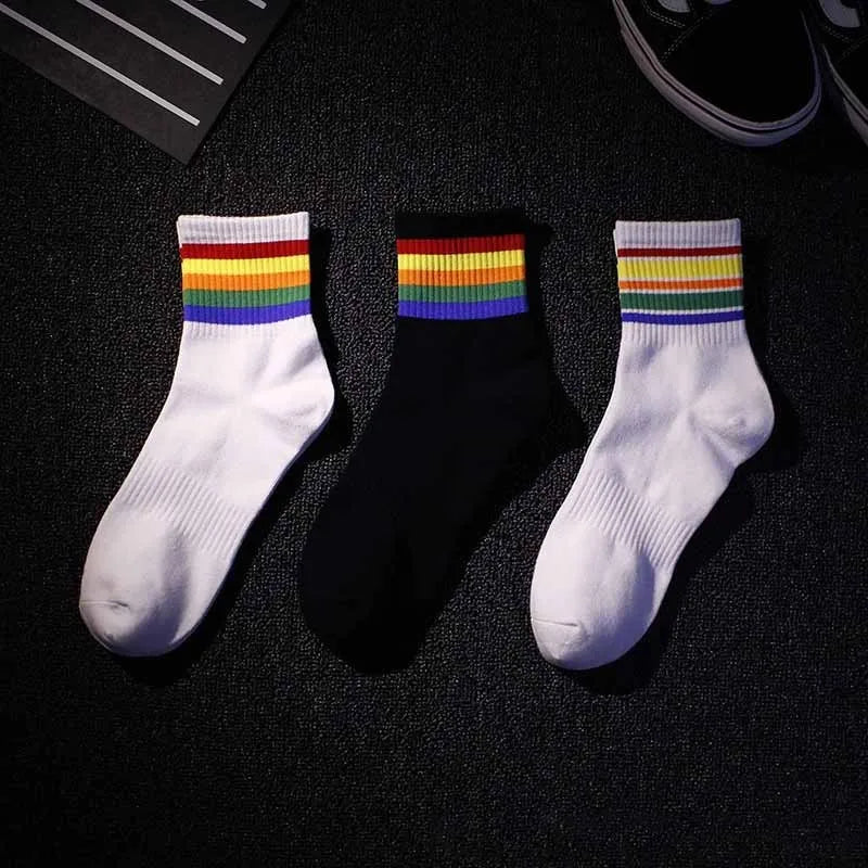 Mens Socks Fashion Hip Hop Cotton Rainbow Stripes Classic Warm Casual Tide Harajuku Funny Pop Korean Socks skarpetki meskie Sox