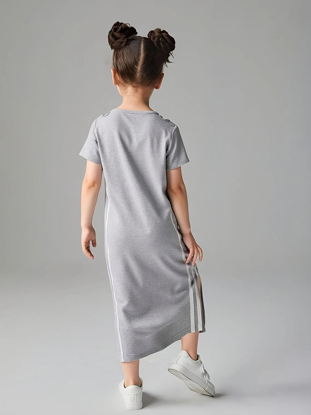 Comfy Kids Girls Casual Dress, Soft Breathable Short Sleeve Side Stripe Midi Dress for All-Day Wear
